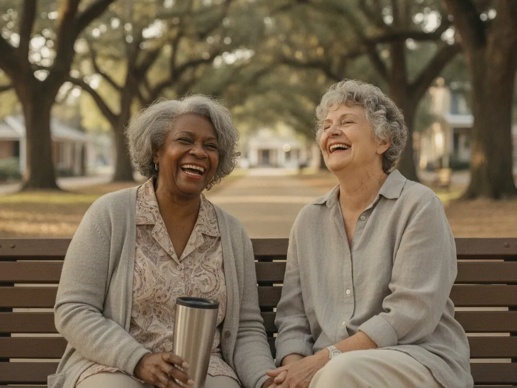 Representative image: two older women laugh together on a park bench