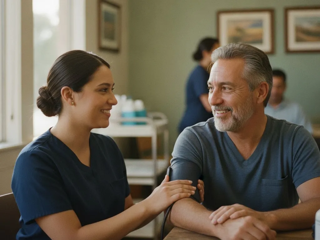Representative image: a nurse checks a smiling man’s blood pressure at a community clinic
