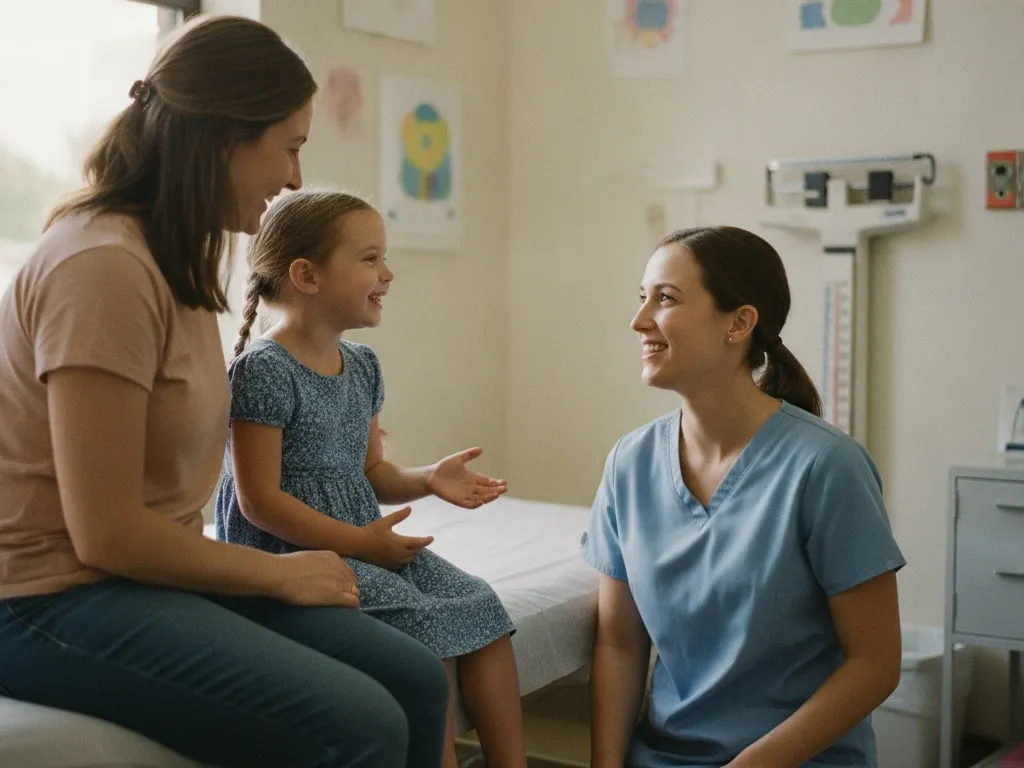 Representative image: a nurse talks with a smiling girl and her mother at a checkup