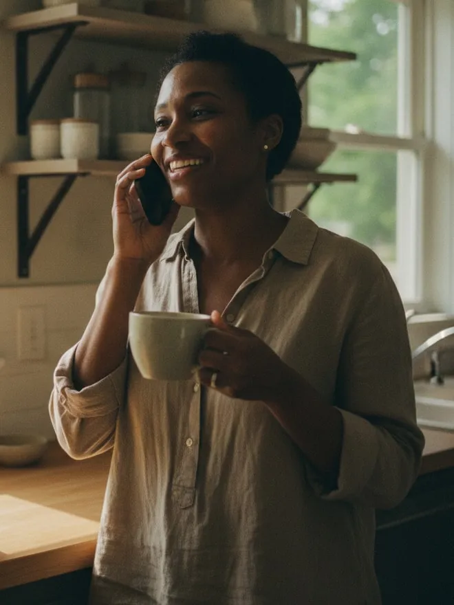 Representative image: a woman with a cup of coffee smiles on a phone call in her kitchen