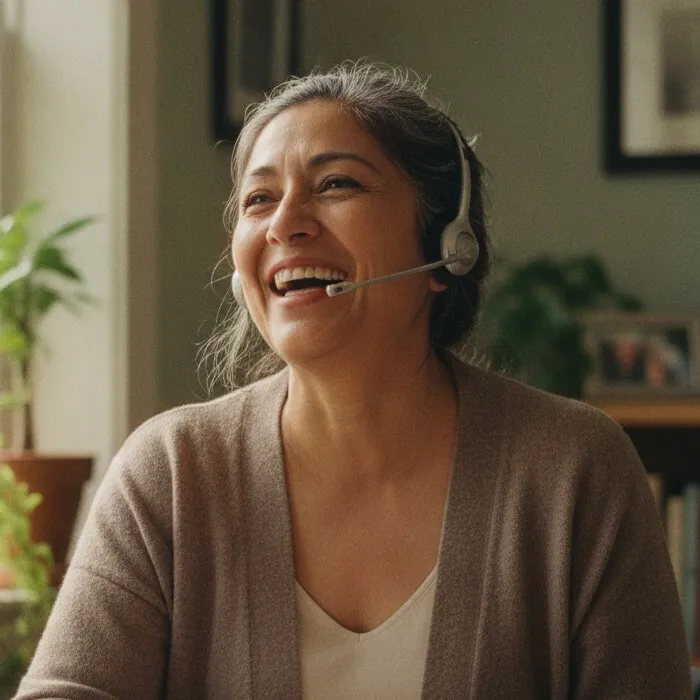 Representative image: a care coordinator with a headset laughs during a call