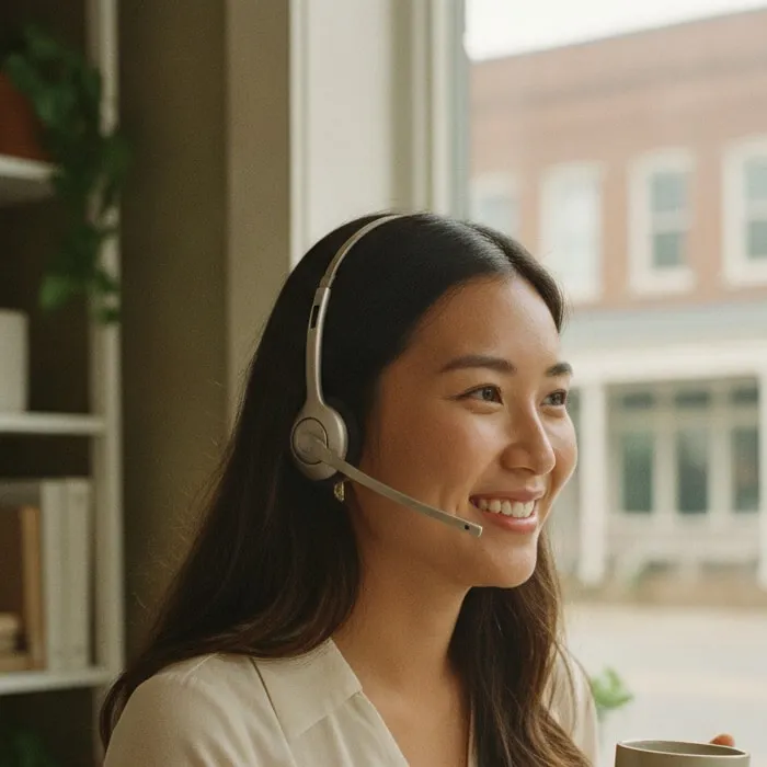 Representative image: a young care coordinator with a headset smiles as she listens on a call