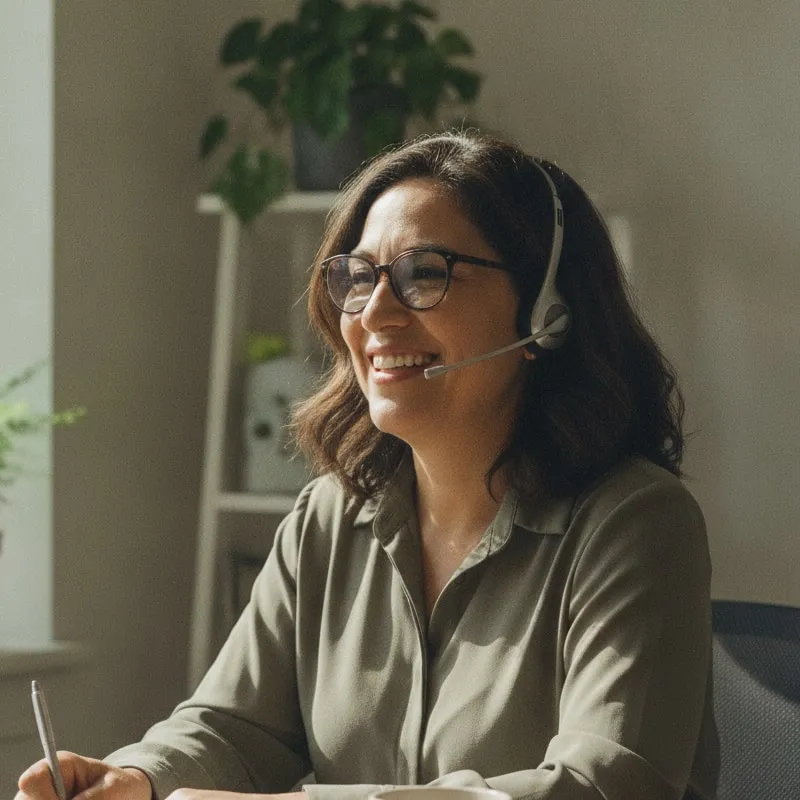 Representative image: a smiling care coordinator in glasses wearing a headset