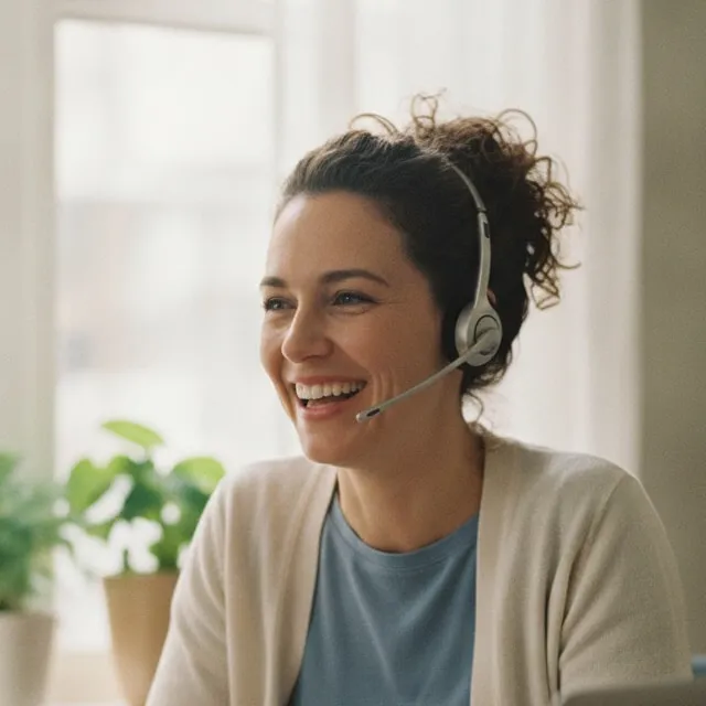 Representative image: a care coordinator in a headset laughs during a call