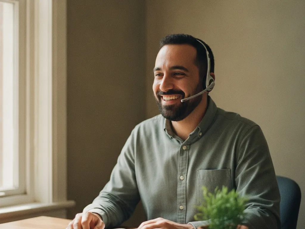 Representative image: a care coordinator with a beard and a headset smiles during a call at his desk