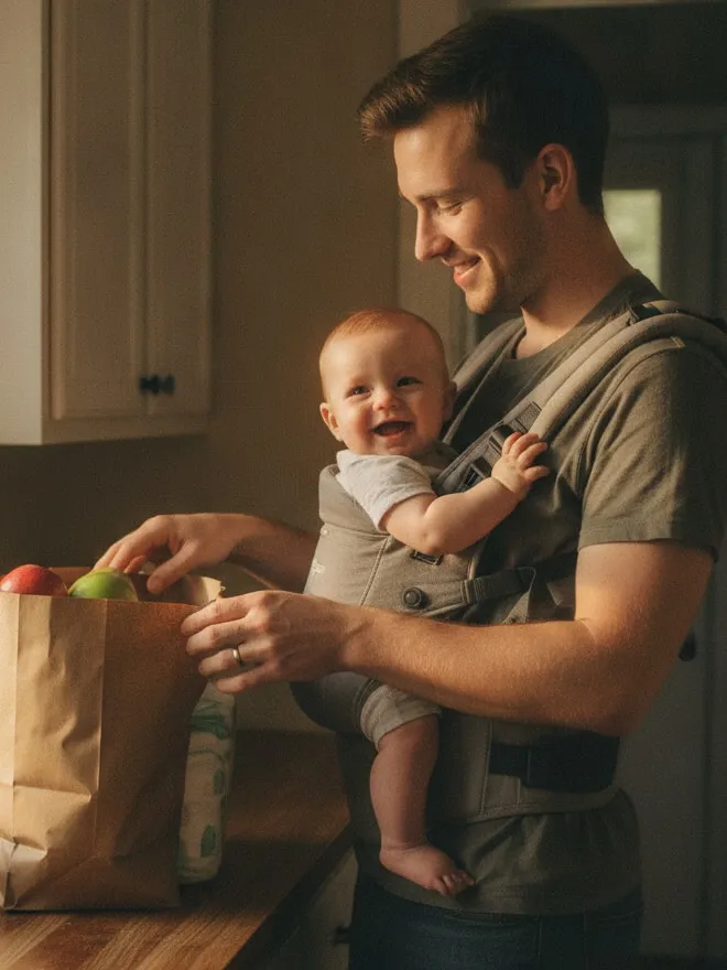 Representative image: a father with his baby in a carrier unpacks groceries and diapers