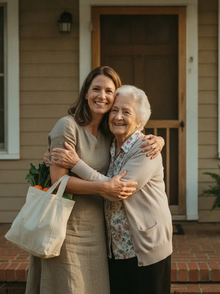 Representative image: a daughter hugs her mother at the front door, a bag of groceries on her arm