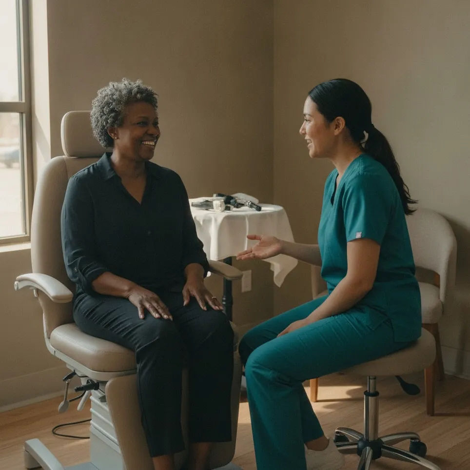 Representative image: an older woman laughs with a technician after her eye exam