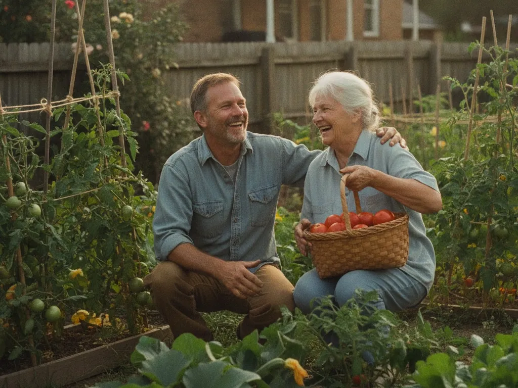 Representative image: a man and his mother laugh together in her vegetable garden