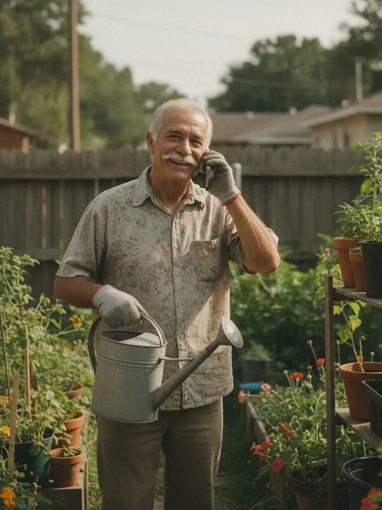 Representative image: an older man smiles on the phone in his garden, a watering can in hand
