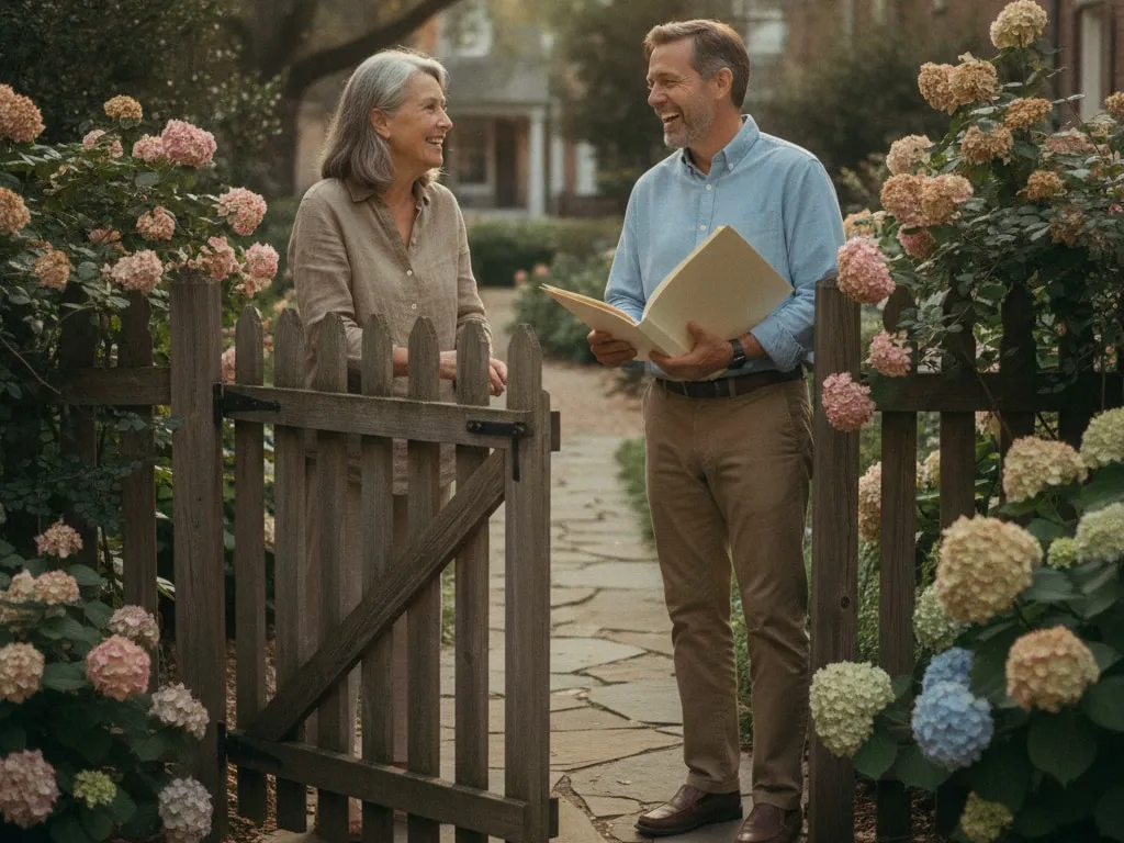 Representative image: a woman opens her garden gate to greet a visitor carrying a folder
