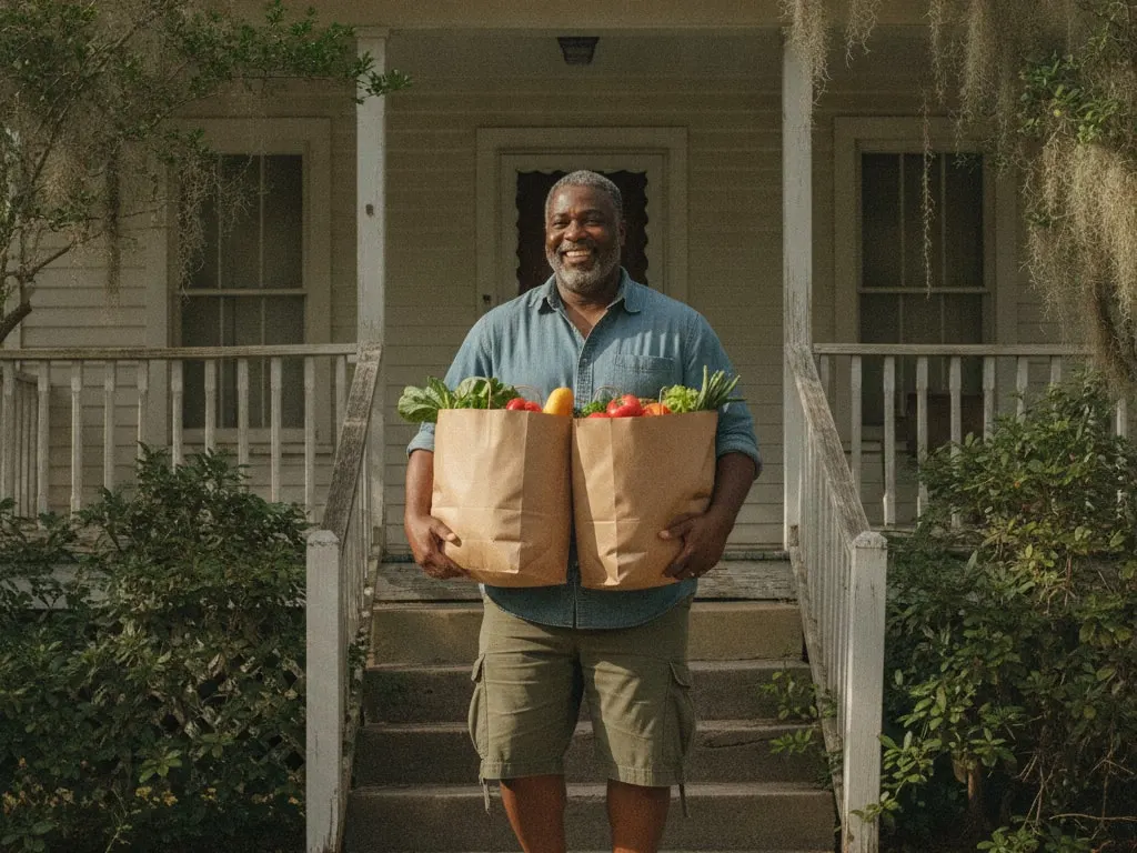 Representative image: a man carries two bags of groceries up the steps of his house