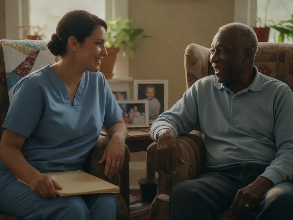 Representative image: a home health nurse talks warmly with an older man in his armchair