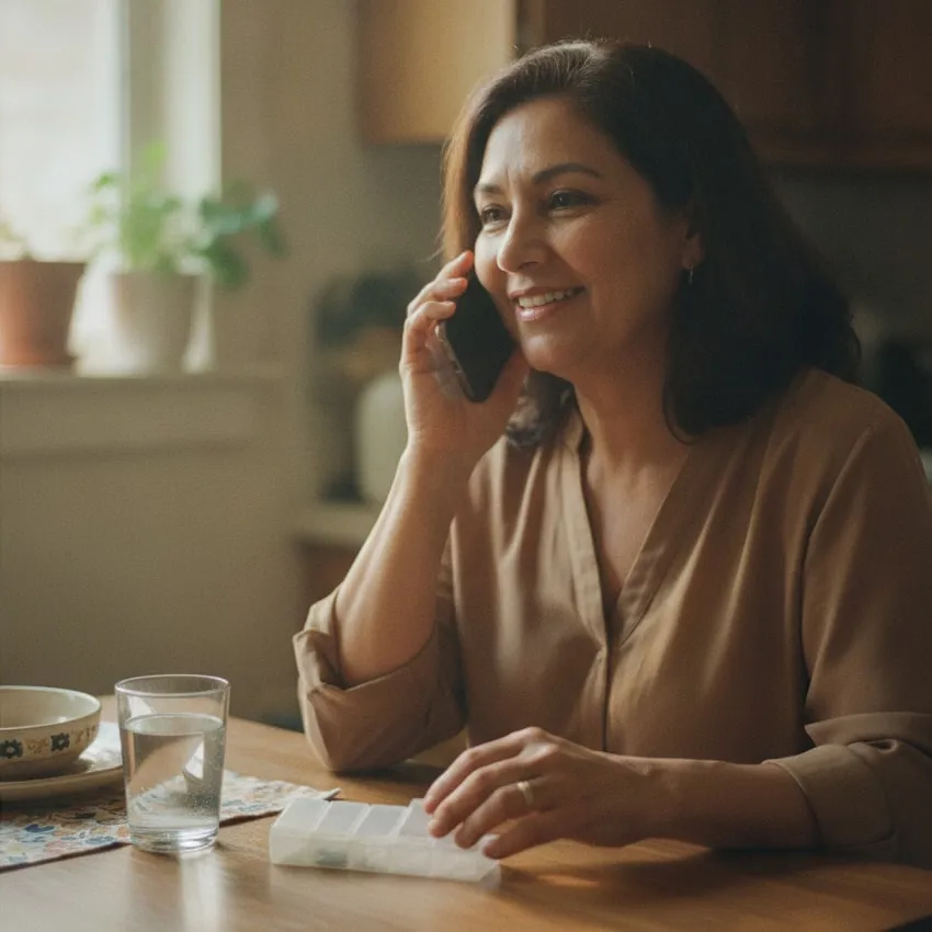 Representative image: a woman smiles on a phone call at her kitchen table, a pill box in front of her
