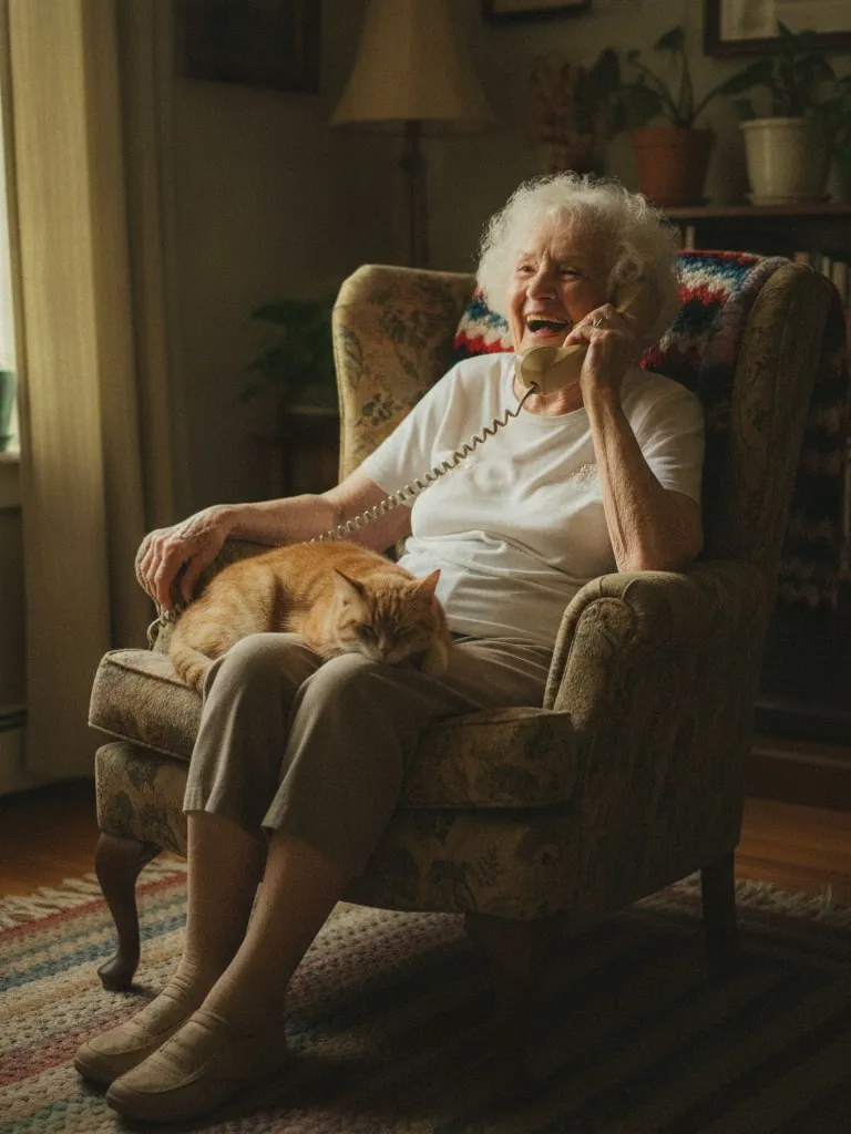 Representative image: an older woman laughs on the phone in her armchair, a cat on her lap