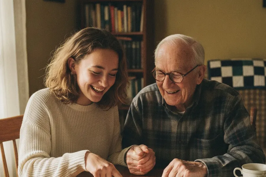 Representative image: a granddaughter helps her grandfather go through his mail at the table
