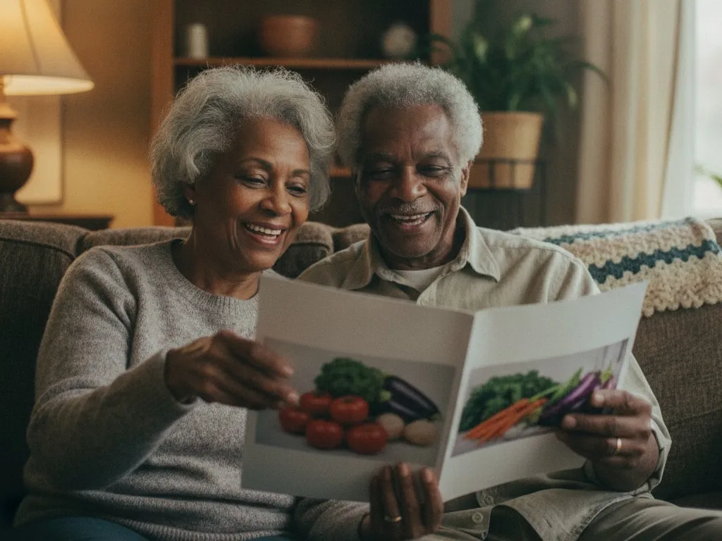 Representative image: an older couple reads a magazine together on their sofa
