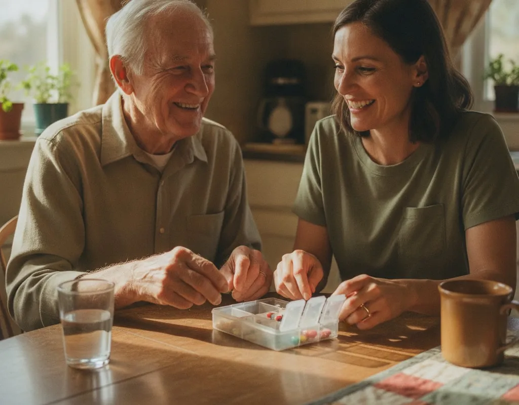 Representative image: an older man and his daughter fill a weekly pill box together at the kitchen table