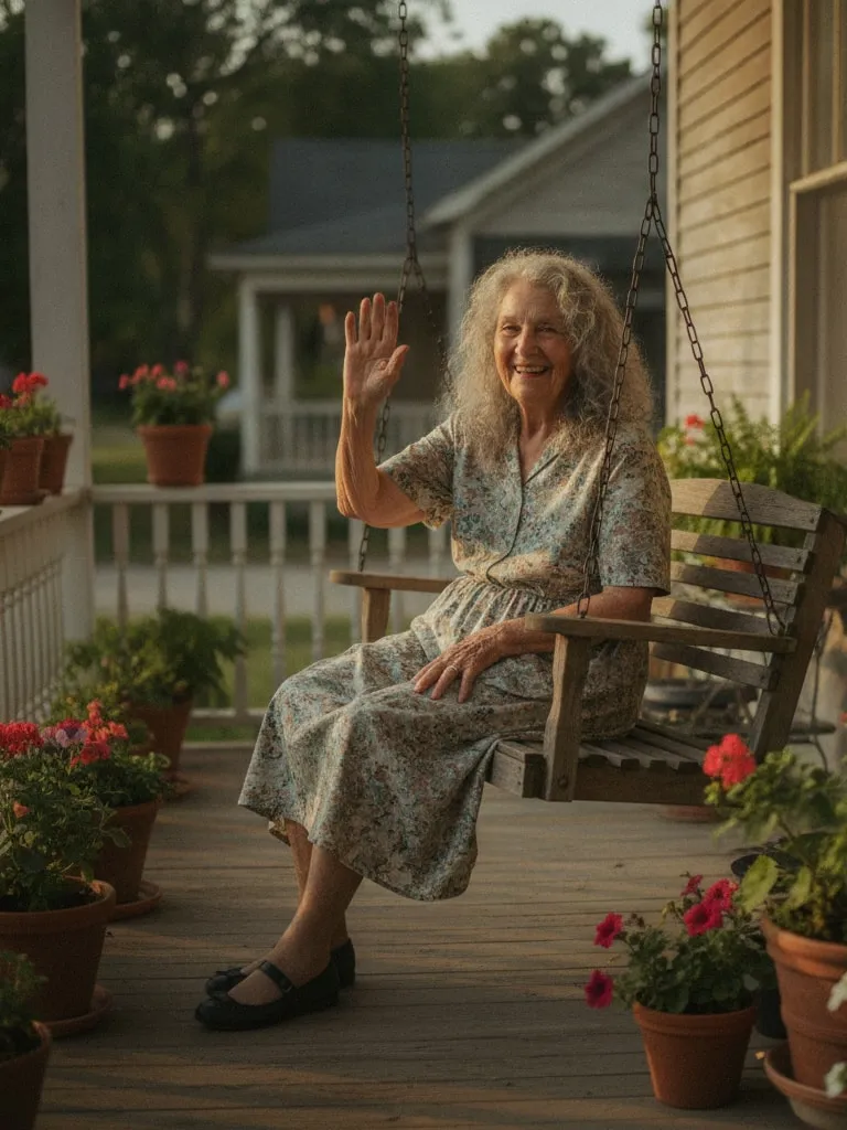 Representative image: an older woman waves hello from her porch swing