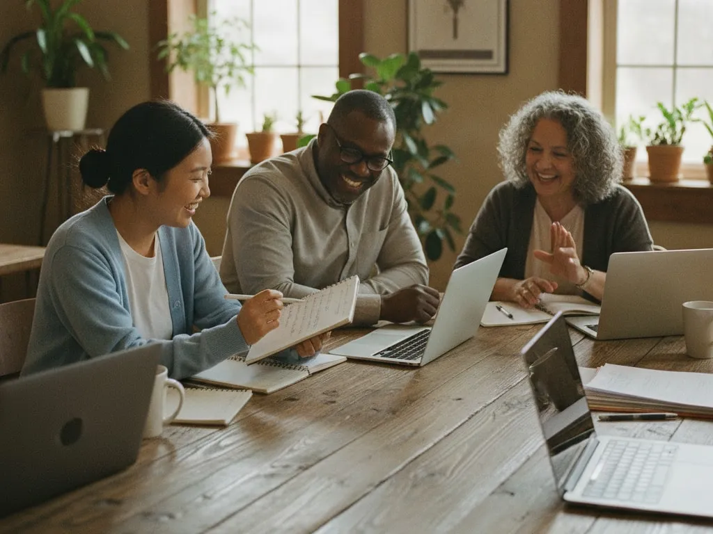 Representative image: three care coordinators review notes together around a table with laptops