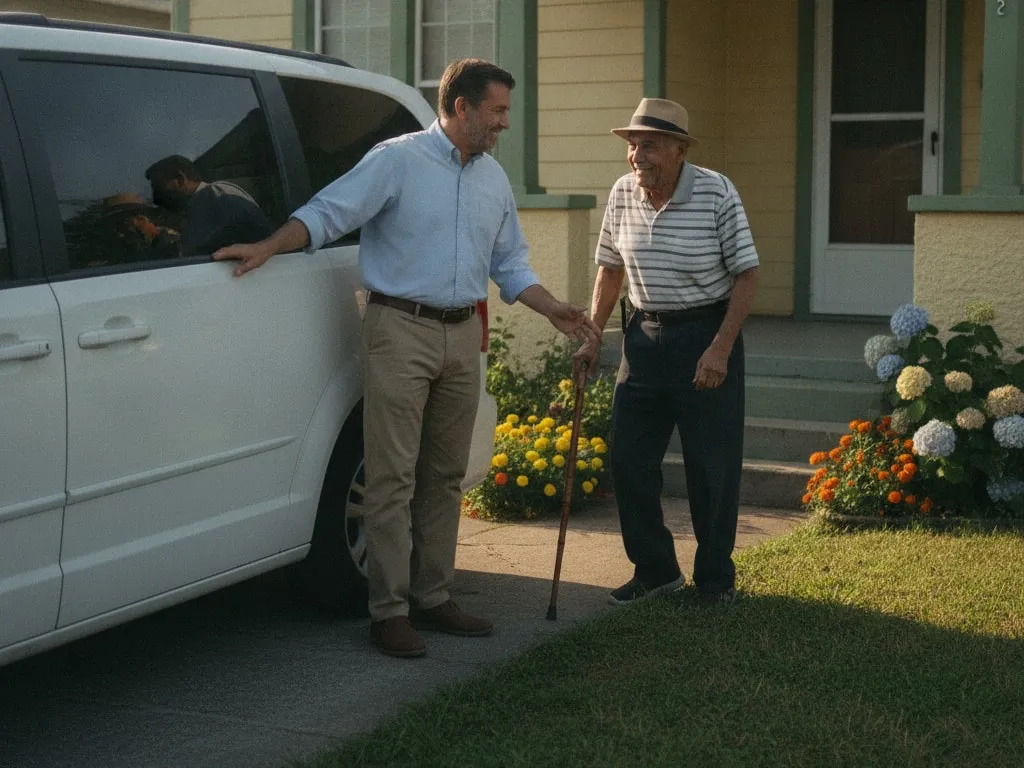 Representative image: a driver opens a van door for an older man with a cane outside his home