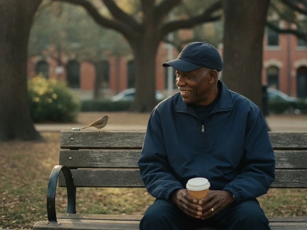 Representative image: an older man in a cap smiles on a park bench with his coffee