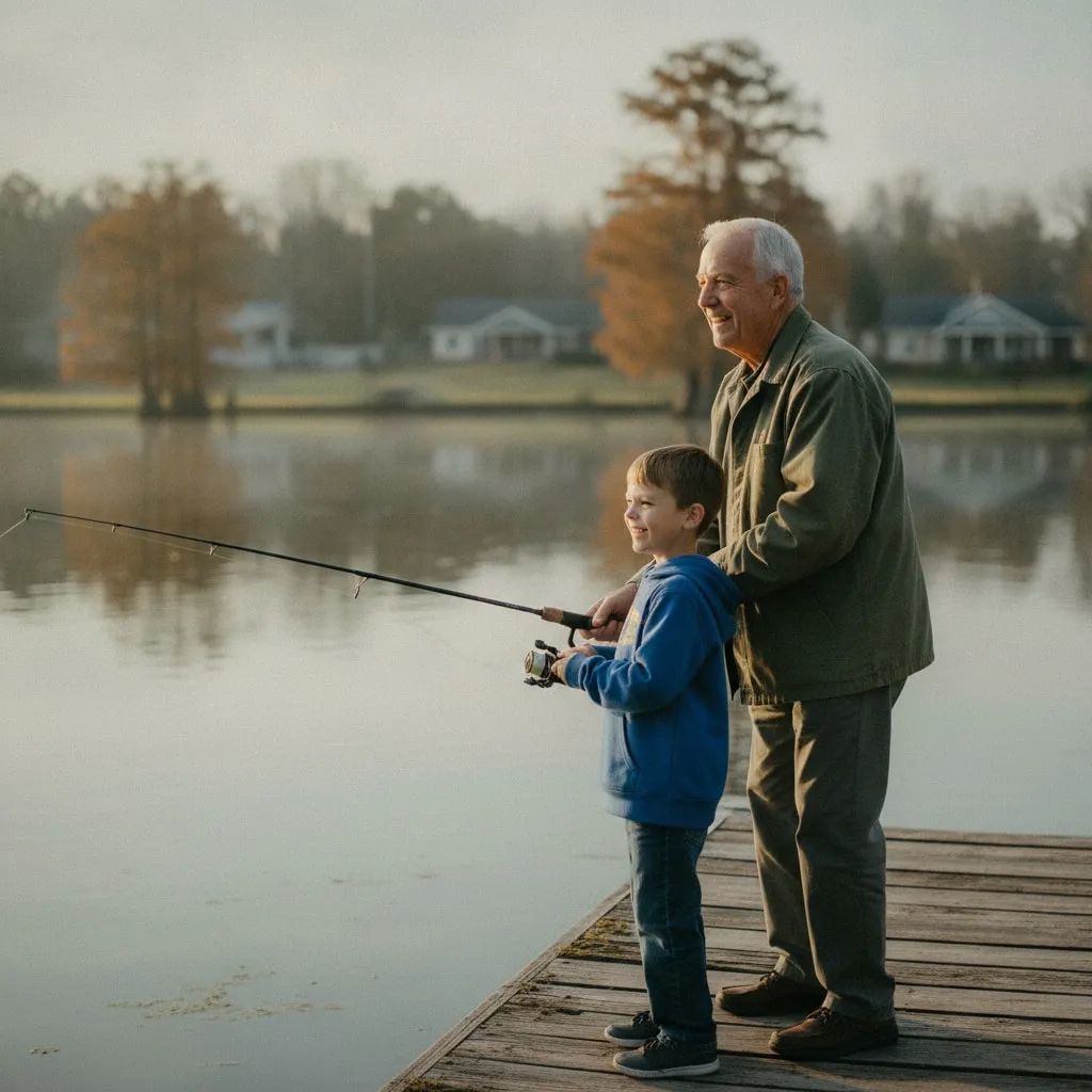 Representative image: an older man fishes from a lake dock with his grandson
